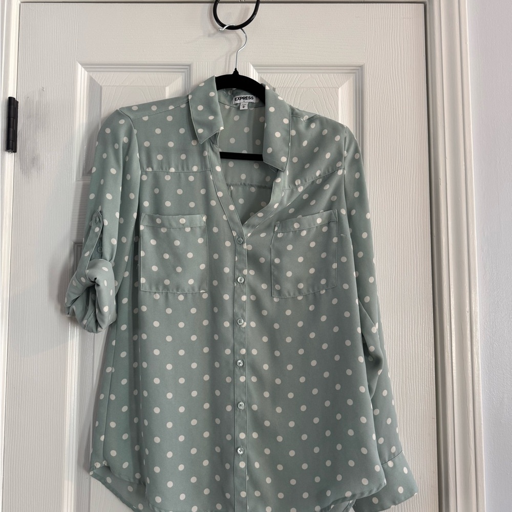 Express Mint Green Polka Dot Roll-Sleeve Blouse
